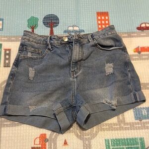 Blue High-Waisted Jean Shorts with Distressed Look